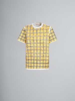 Marni Bio Bomull T-shirt With Irregular Checked Print Gula | SEICD74086