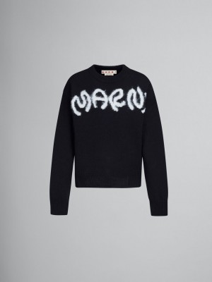 Marni Shetland Ull Logo Crewneck Tröja Svarta | SEXMI93089