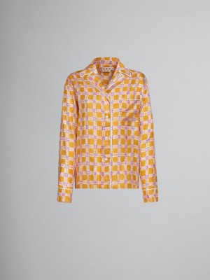Marni Silk Twill Pyjama Shirt With Check Fields Print Gula | SEEGJ87151