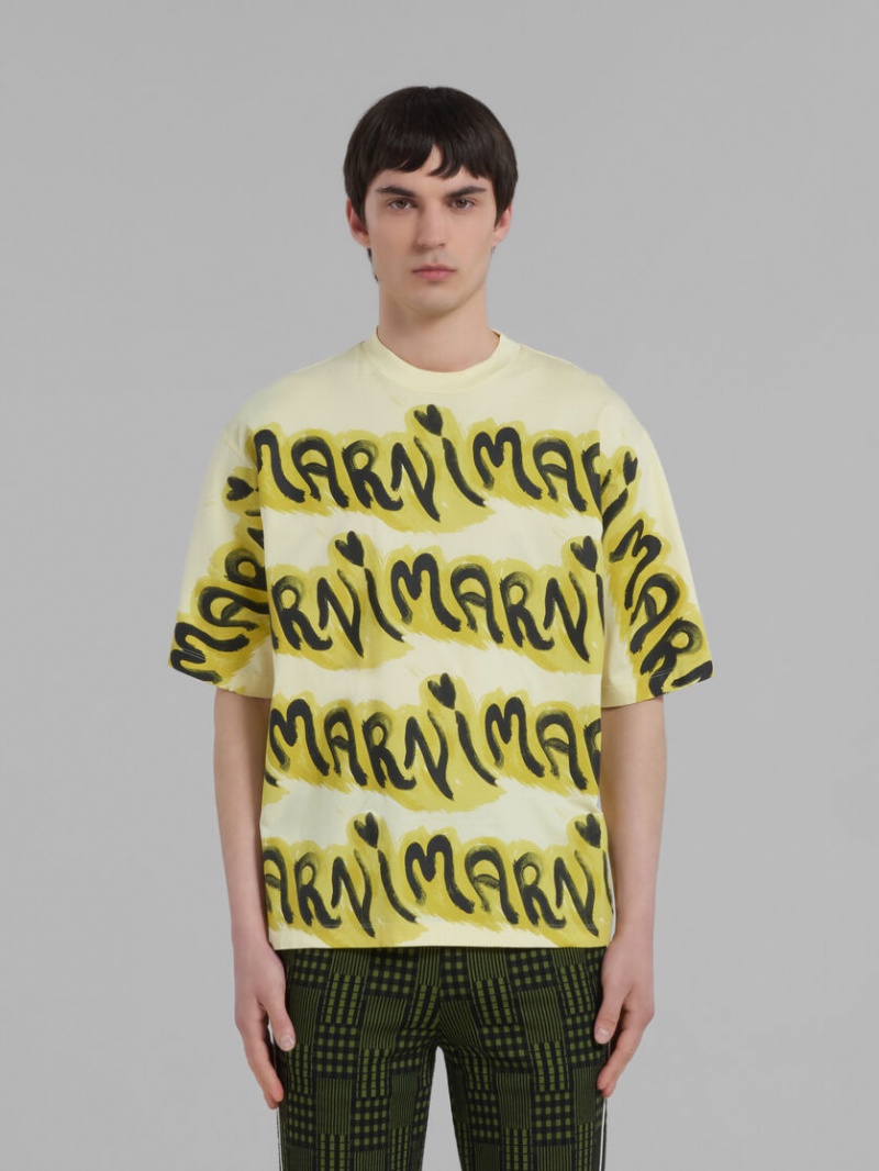 Marni Bio Bomull T-shirt With Logo Stripes Gula | BSESD39826