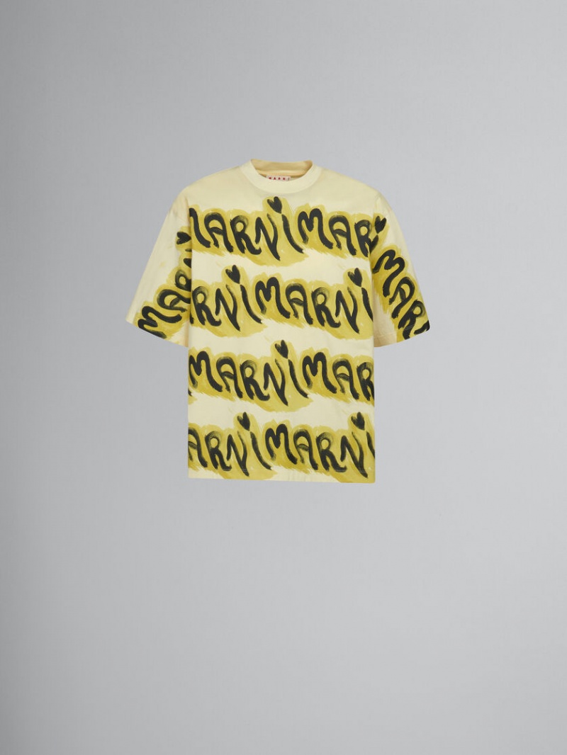 Marni Bio Bomull T-shirt With Logo Stripes Gula | BSESD39826