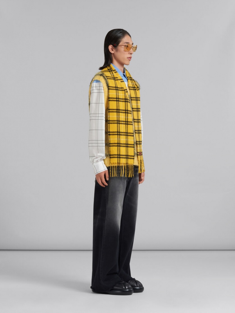 Marni Checked Bomull Shirt With Plain Yoke Vita | USETG76950