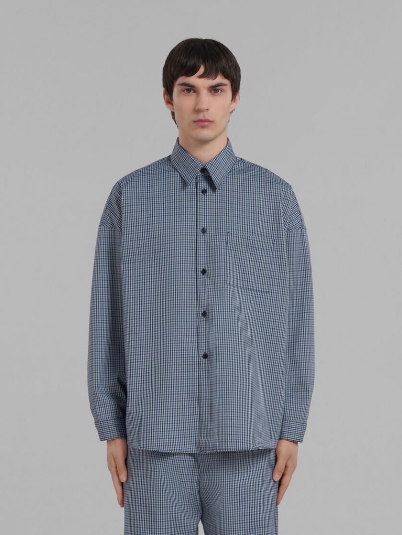 Marni Compact Ull Shirt With Checked Motif Blå | SEXBR52005