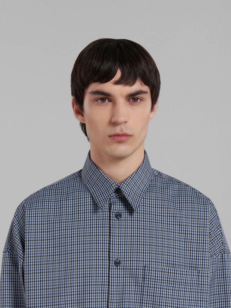 Marni Compact Ull Shirt With Checked Motif Blå | SEXBR52005