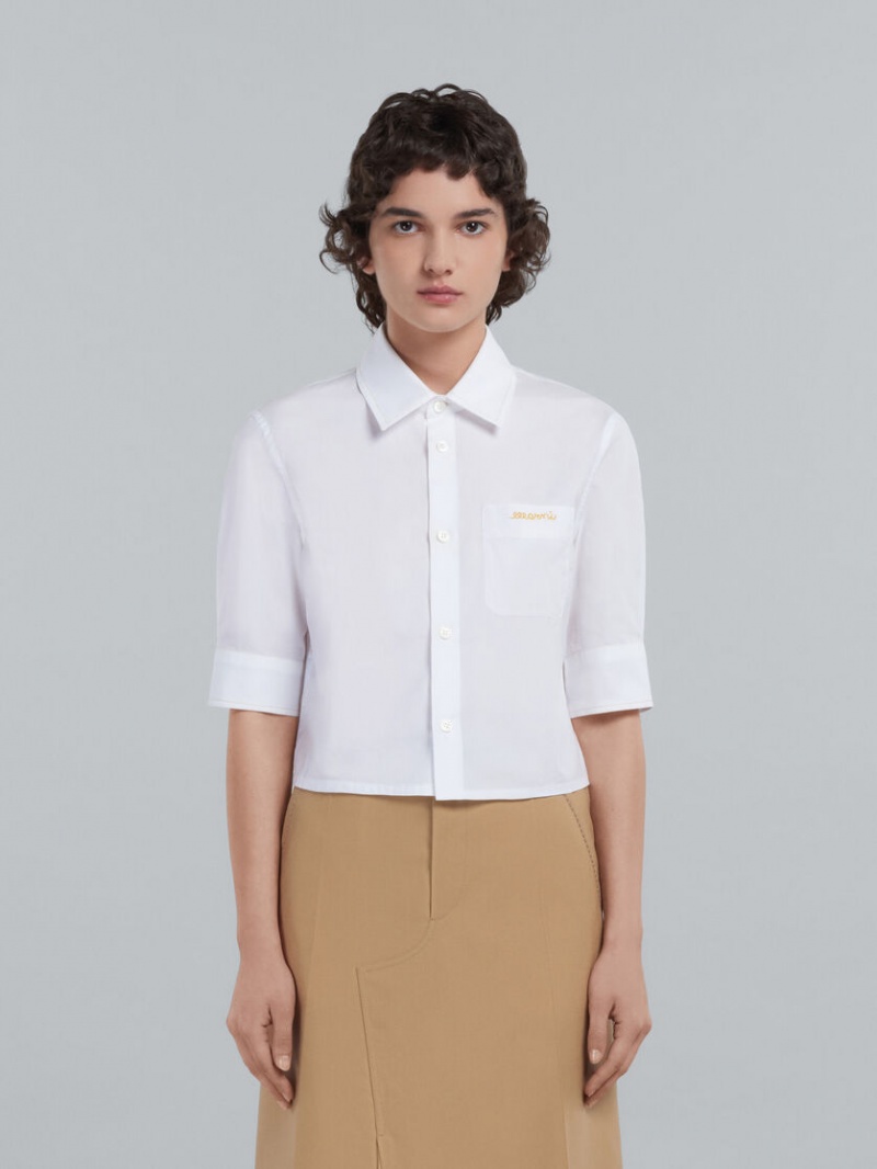 Marni Cropped Poplin Shirt With Embroidered Logo Vita | PSEQX34261