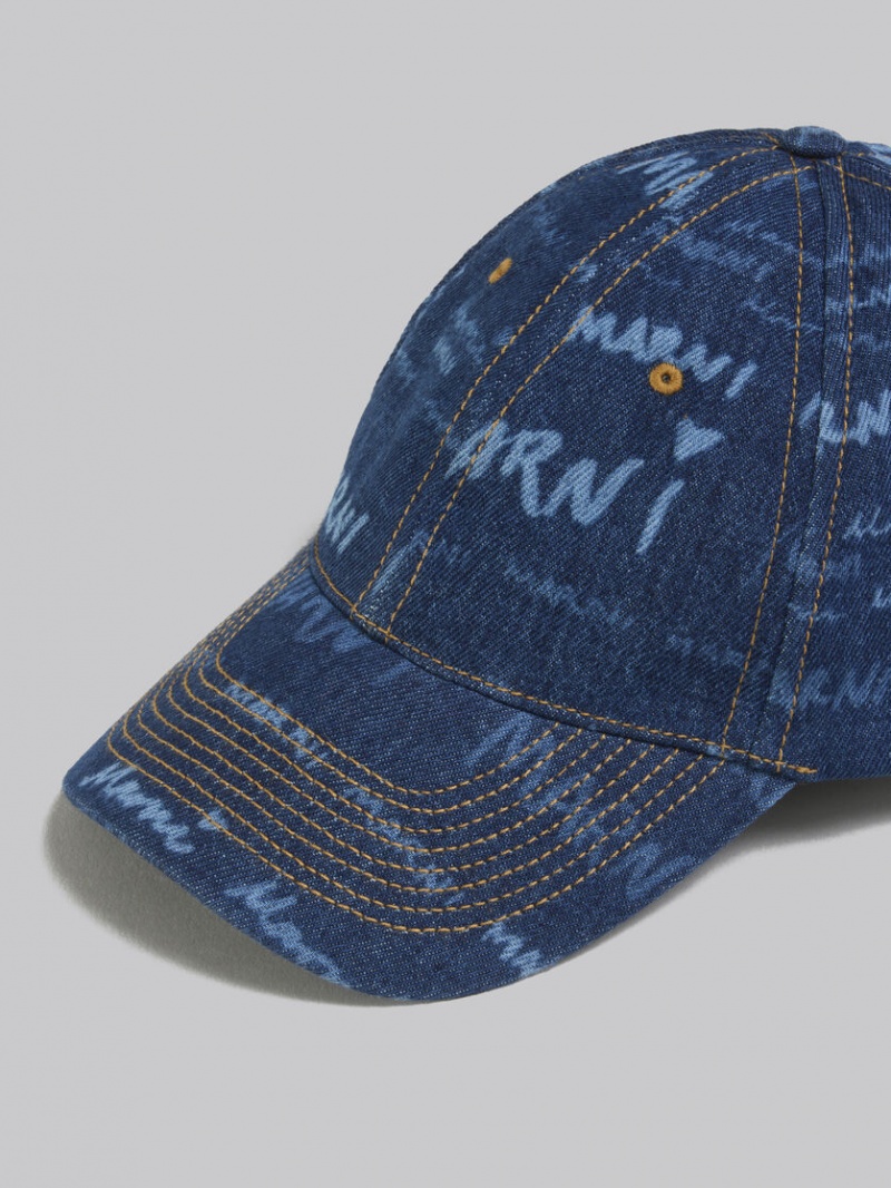Marni Denim Baseball Cap With Mega Marni Motif Blå | SECIF76550