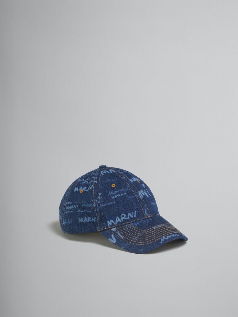 Marni Denim Baseball Cap With Mega Marni Motif Blå | SECIF76550