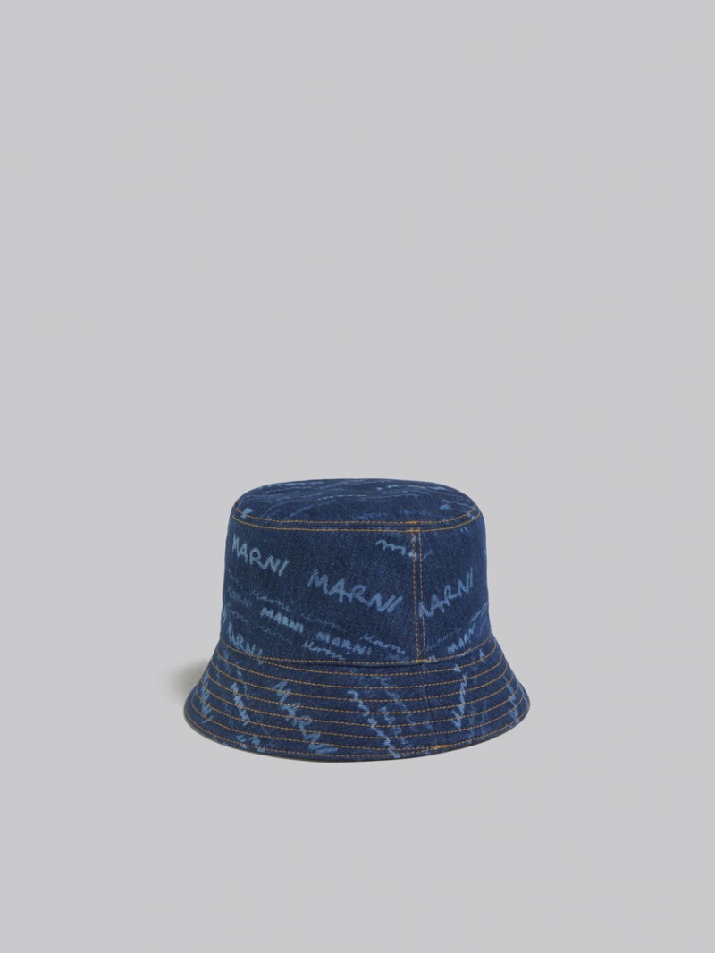 Marni Denim Bucket Hat With Mega Marni Motif Blå | SEJKU35304