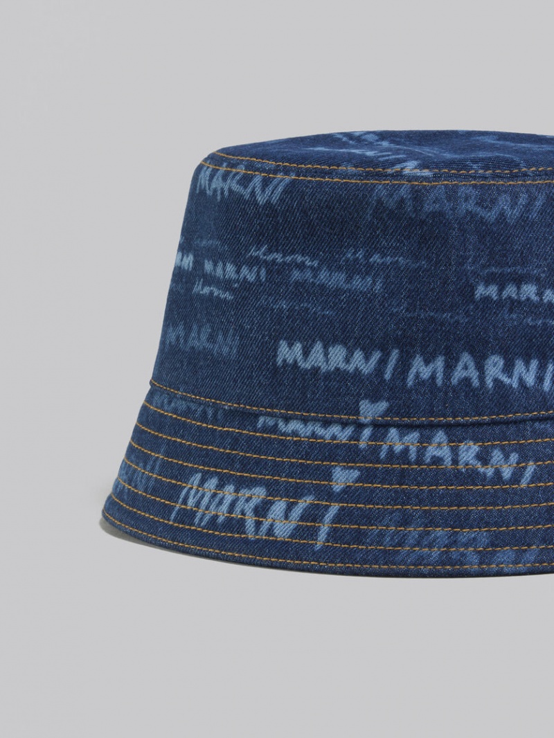 Marni Denim Bucket Hat With Mega Marni Motif Blå | SEJKU35304