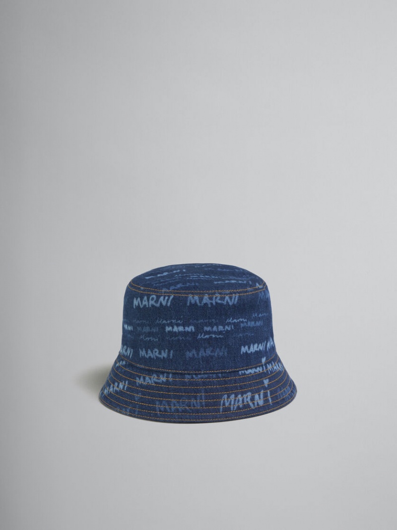 Marni Denim Bucket Hat With Mega Marni Motif Blå | SEJKU35304