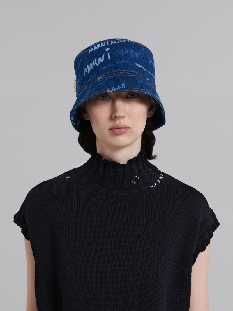 Marni Denim Bucket Hat With Mega Marni Motif Blå | MSEFT45725
