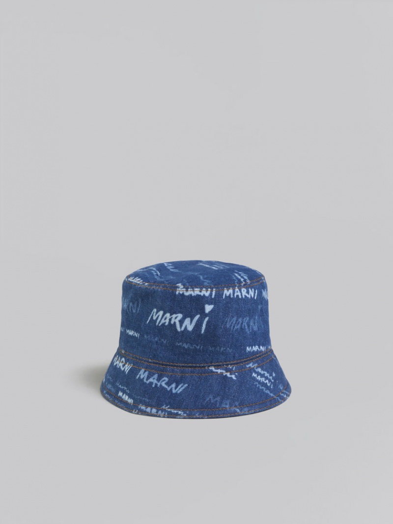 Marni Denim Bucket Hat With Mega Marni Motif Blå | MSEFT45725