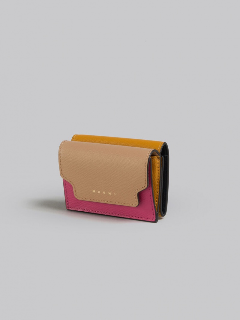 Marni Läder Tri-fold Wallet Beige Rosa Orange | ASEWC64276