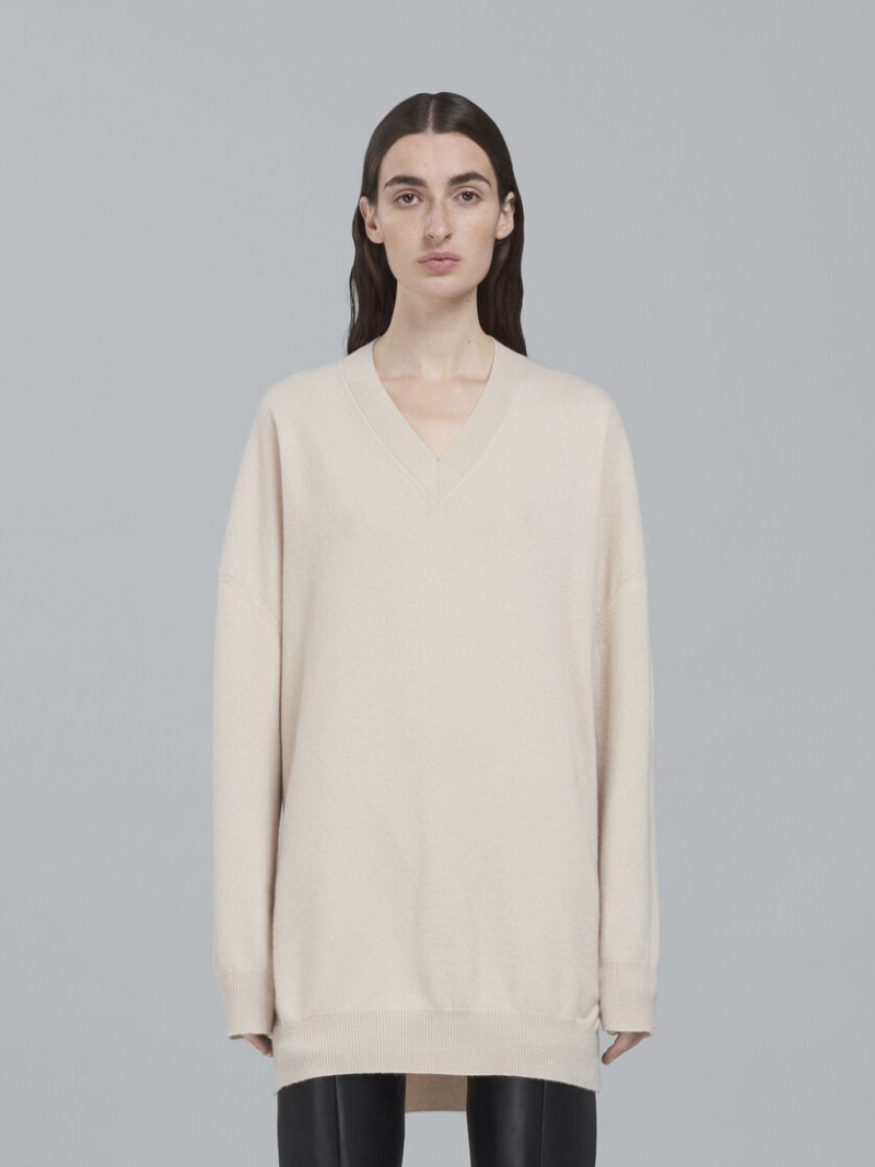 Marni Logo Cashmere V-neck Long Tröja Vita | SSEVO88388