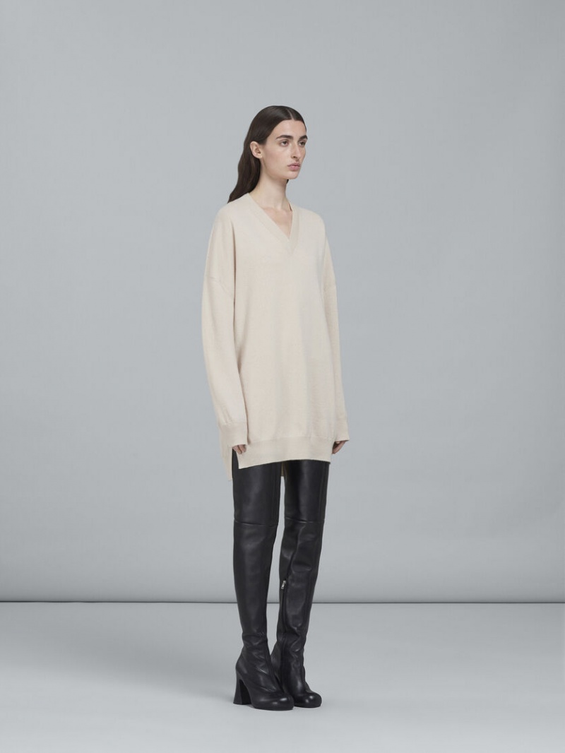 Marni Logo Cashmere V-neck Long Tröja Vita | SSEVO88388