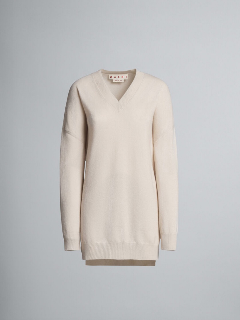 Marni Logo Cashmere V-neck Long Tröja Vita | SSEVO88388