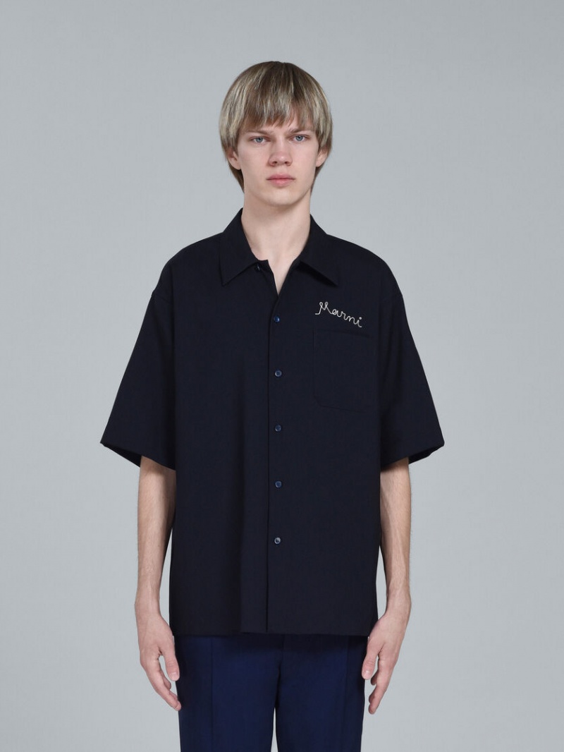 Marni Logo Embroidery Bowling Shirt Svarta | XSEGW72411