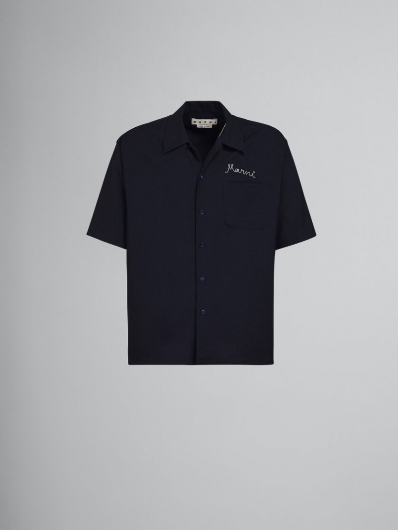Marni Logo Embroidery Bowling Shirt Svarta | XSEGW72411