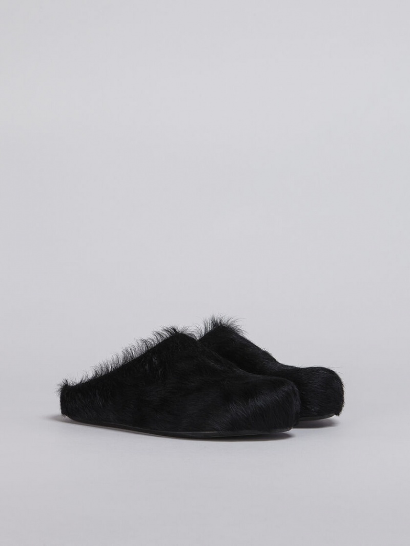 Marni Long Hair Calfskin Fussbett Sabot Svarta | SEQAV67095