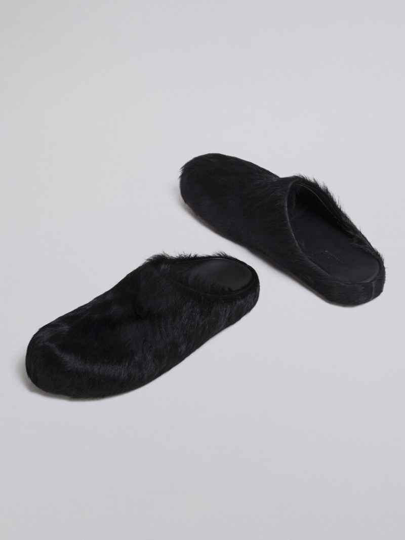 Marni Long Hair Calfskin Fussbett Sabot Svarta | SEQAV67095
