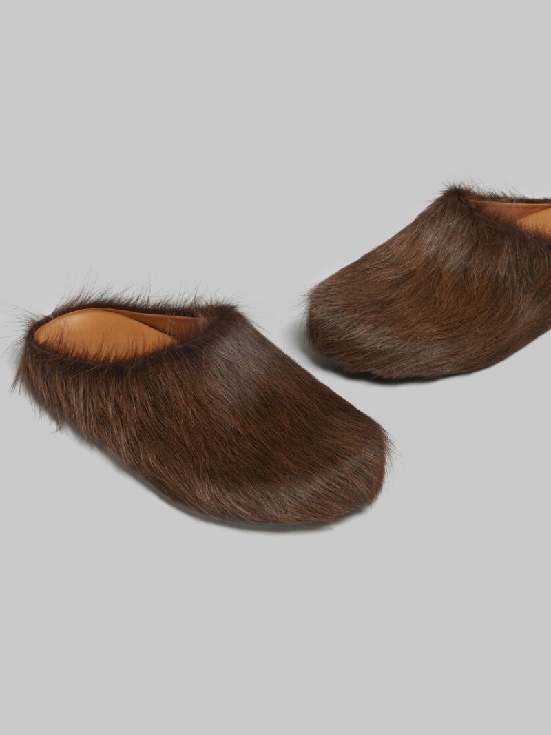 Marni Long Hair Calfskin Fussbett Sabot Mörkbruna | SEJBT62836