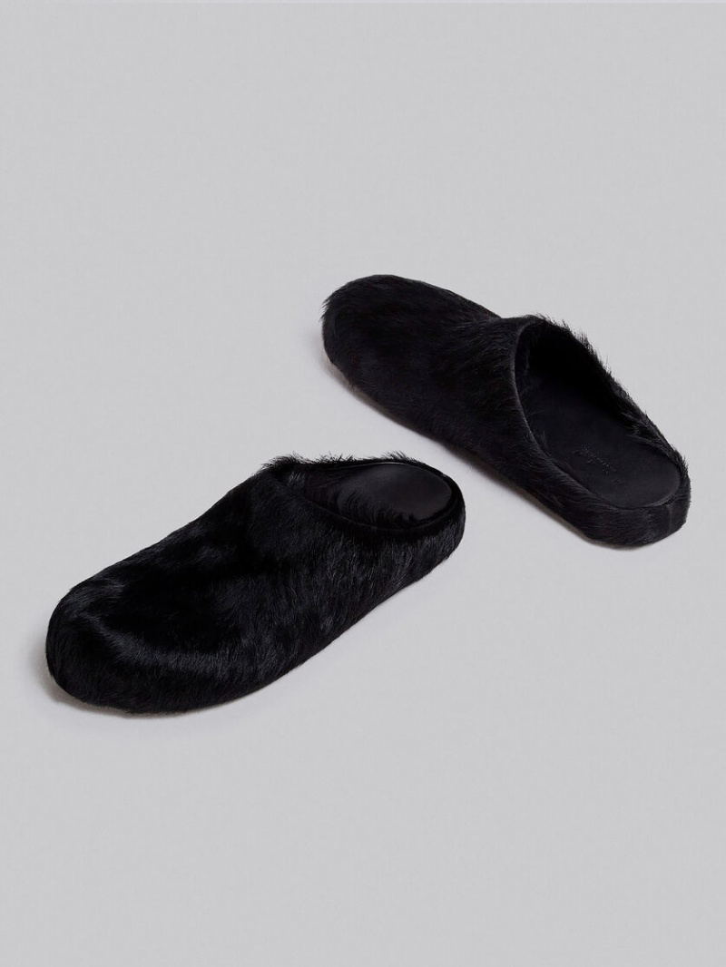 Marni Long Hair Calfskin Fussbett Sabot Svarta | SEQAV44746