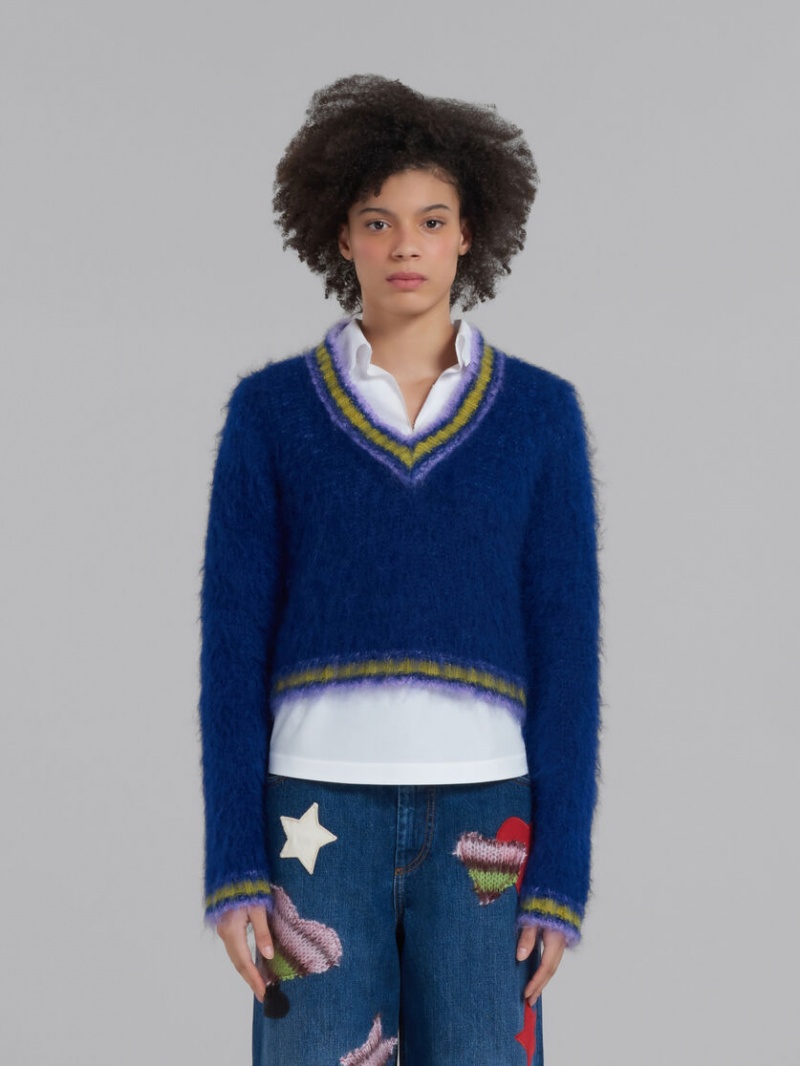 Marni Mohair Jumper With Randig Trims Blå | TSEWZ16979