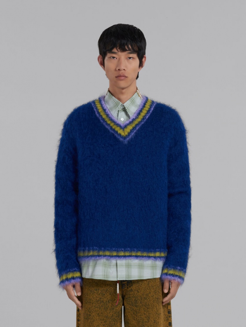 Marni Mohair Jumper With Randig Trims Blå | SENZX85225