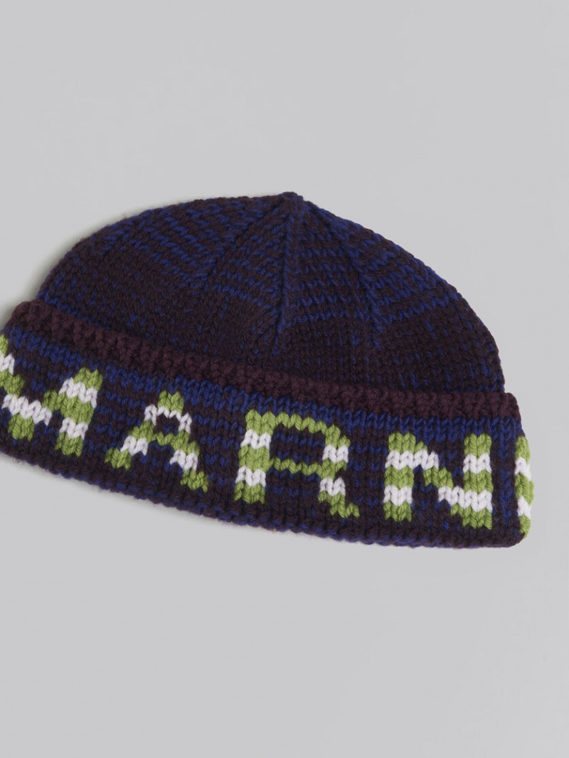 Marni Mouliné Beanie With Randig Logo Blå | GSEEC82493