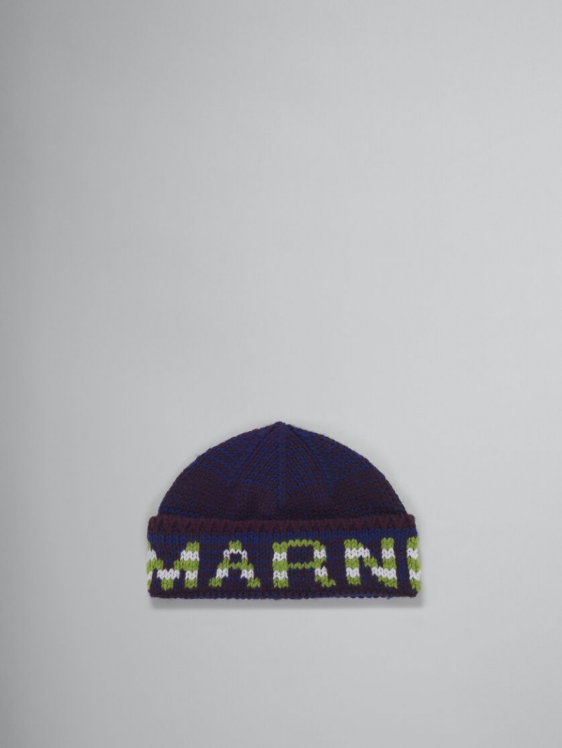 Marni Mouliné Beanie With Randig Logo Blå | GSEEC82493