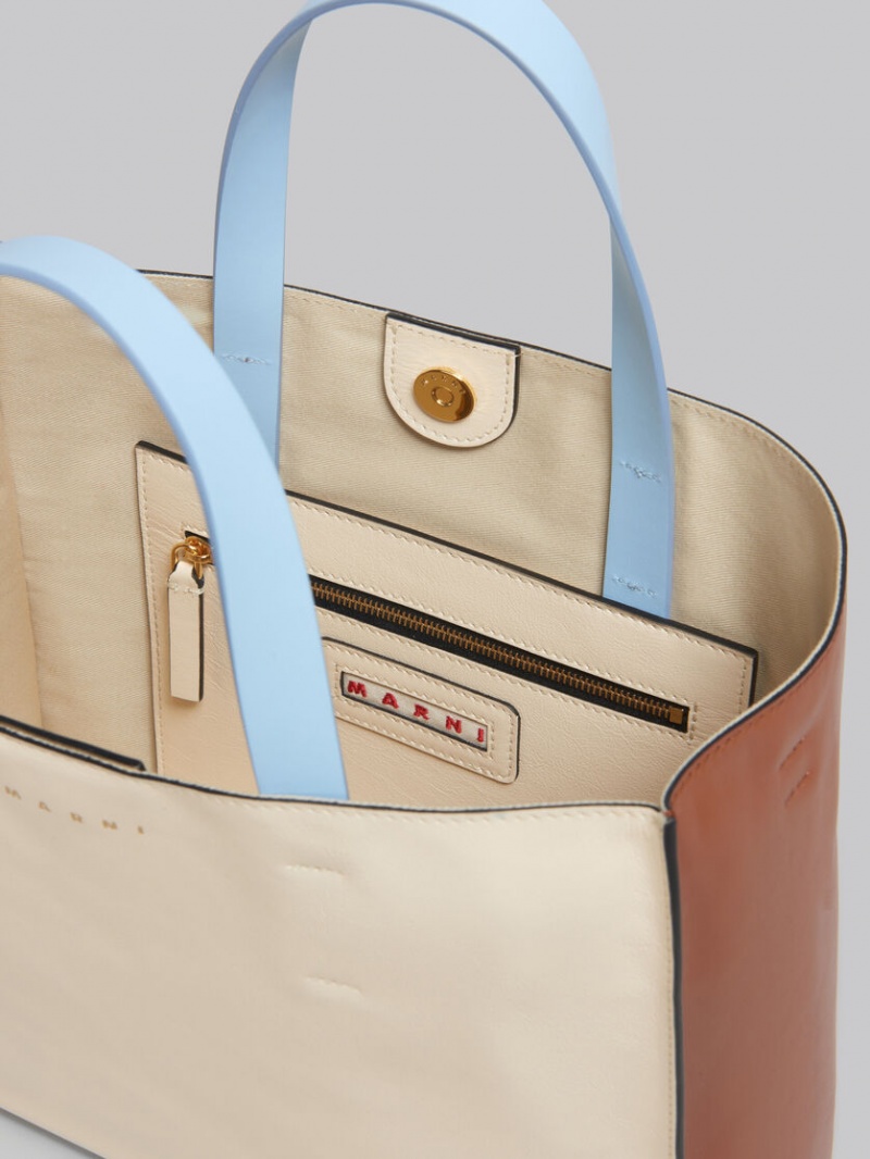 Marni Museo Soft Bag E/W Läder Vita Bruna Ljusblå | ZSENQ50102