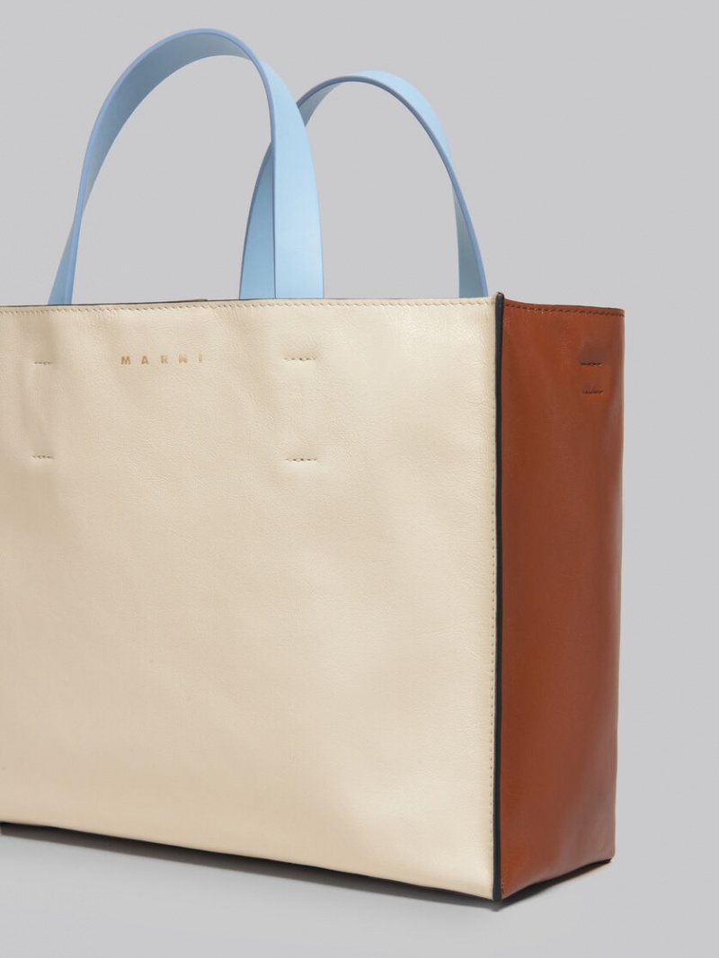 Marni Museo Soft Bag E/W Läder Vita Bruna Ljusblå | ZSENQ50102