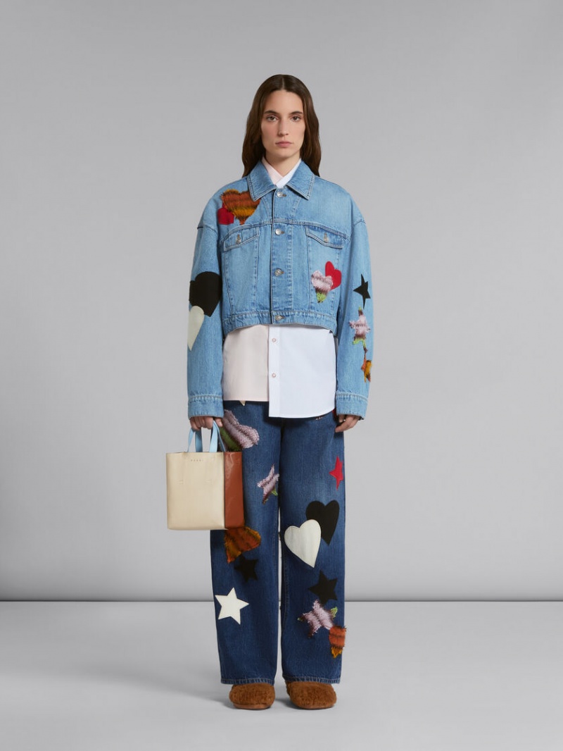 Marni Museo Soft Mini Bag Läder Vita Bruna Ljusblå | DSEVO40647