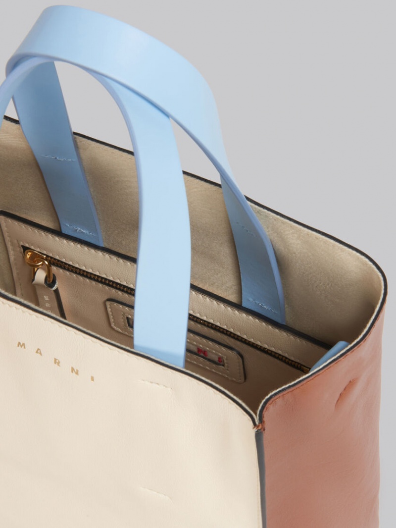 Marni Museo Soft Mini Bag Läder Vita Bruna Ljusblå | DSEVO40647