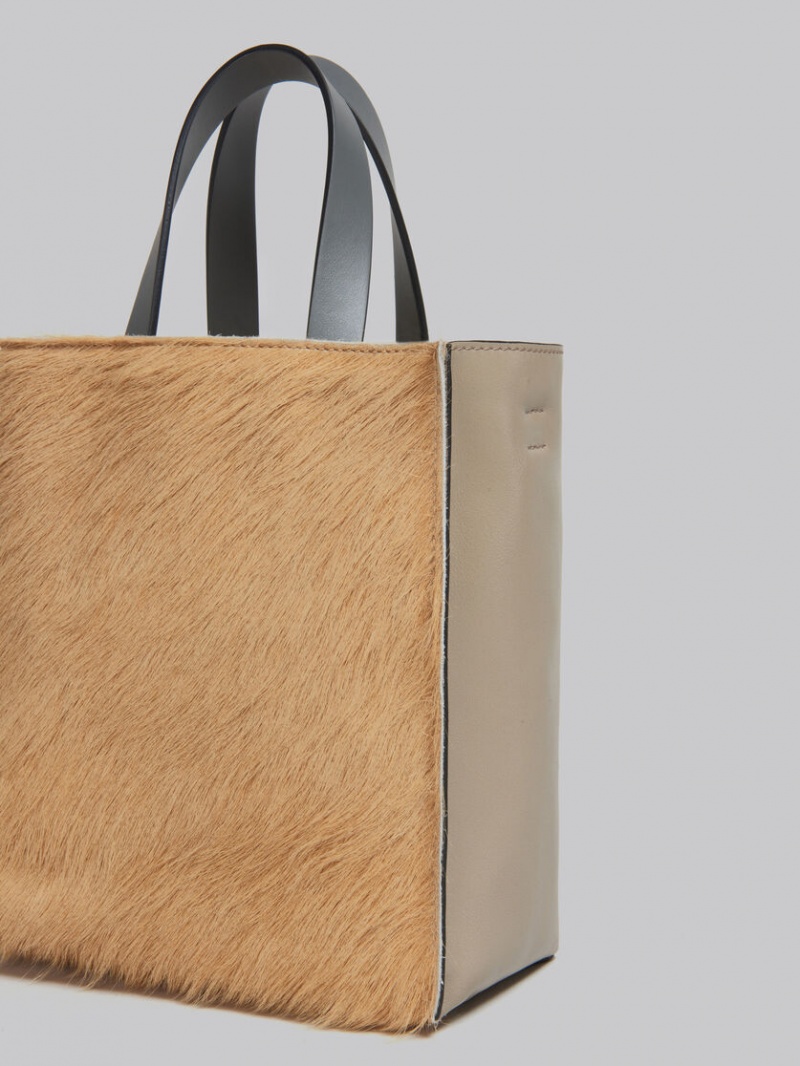 Marni Museo Soft Mini Bag Long-hair Calfskin Ljusbruna Beige Grå | LSETR20938