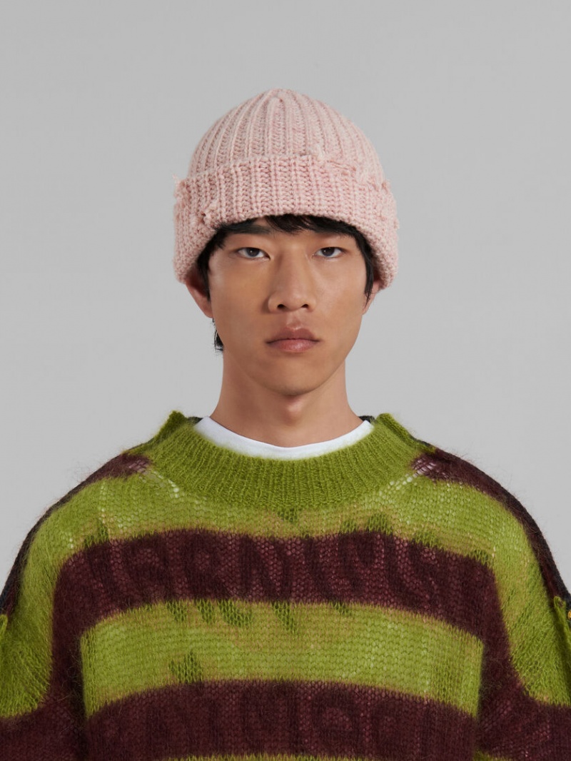 Marni Räfflad Beanie With Hand-stitched Logo Rosa | SEXBR97091