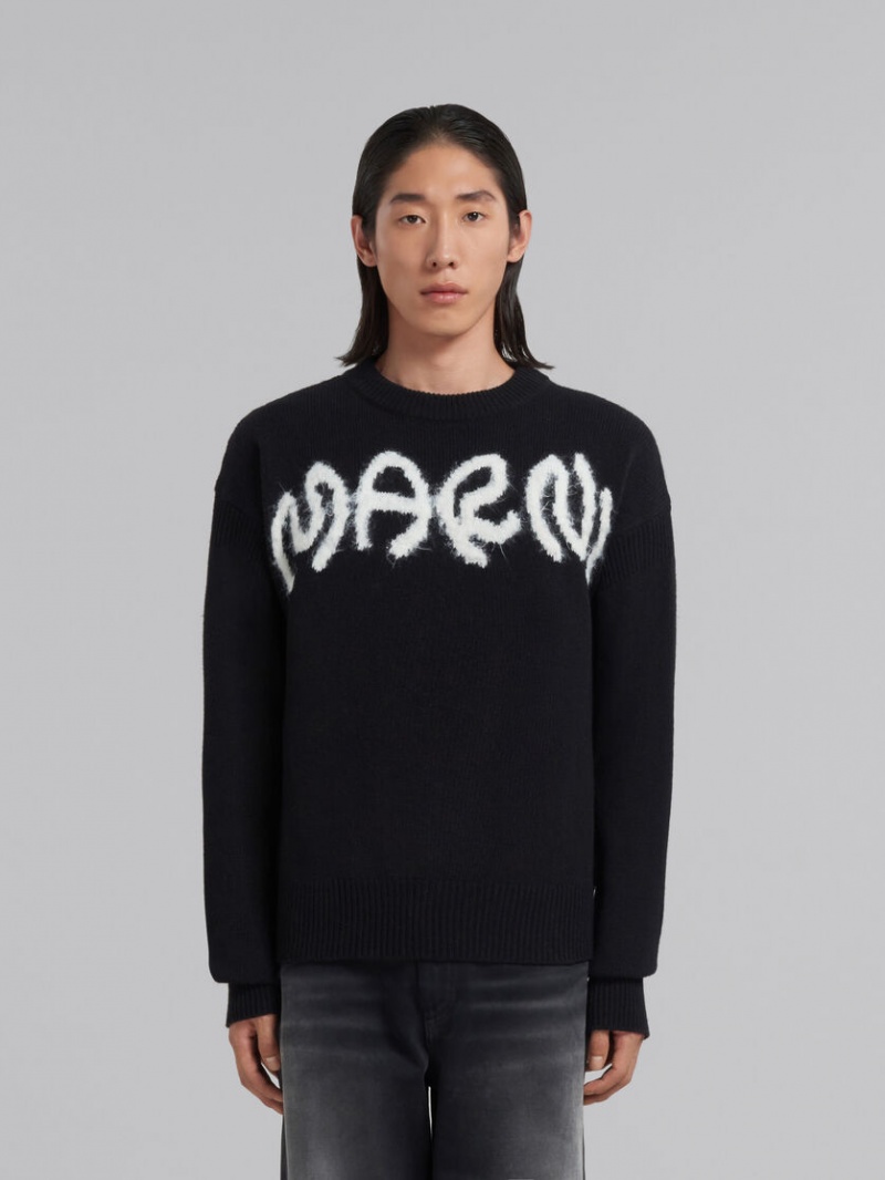 Marni Shetland Ull Logo Crewneck Tröja Svarta | SEXMI93089