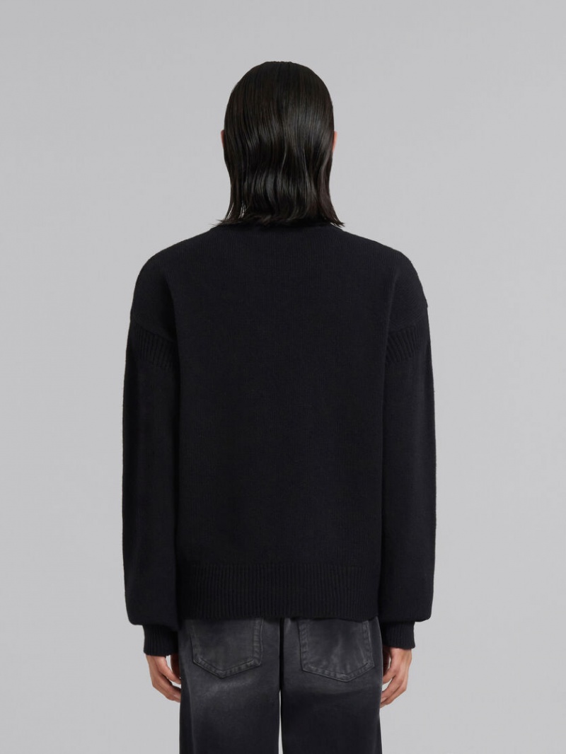 Marni Shetland Ull Logo Crewneck Tröja Svarta | SEXMI93089