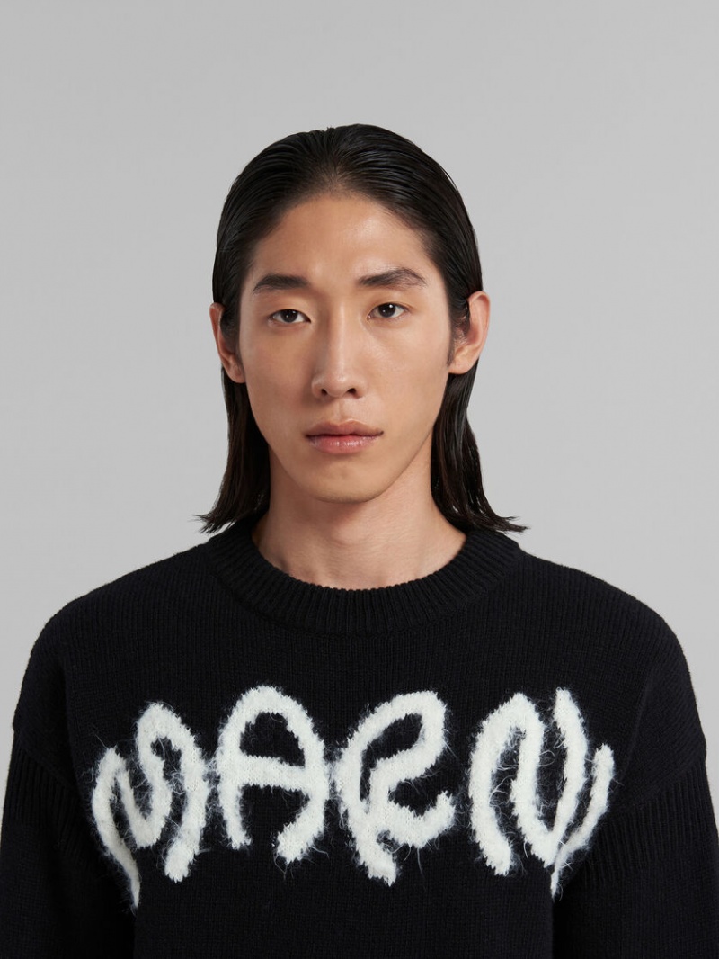 Marni Shetland Ull Logo Crewneck Tröja Svarta | SEXMI93089