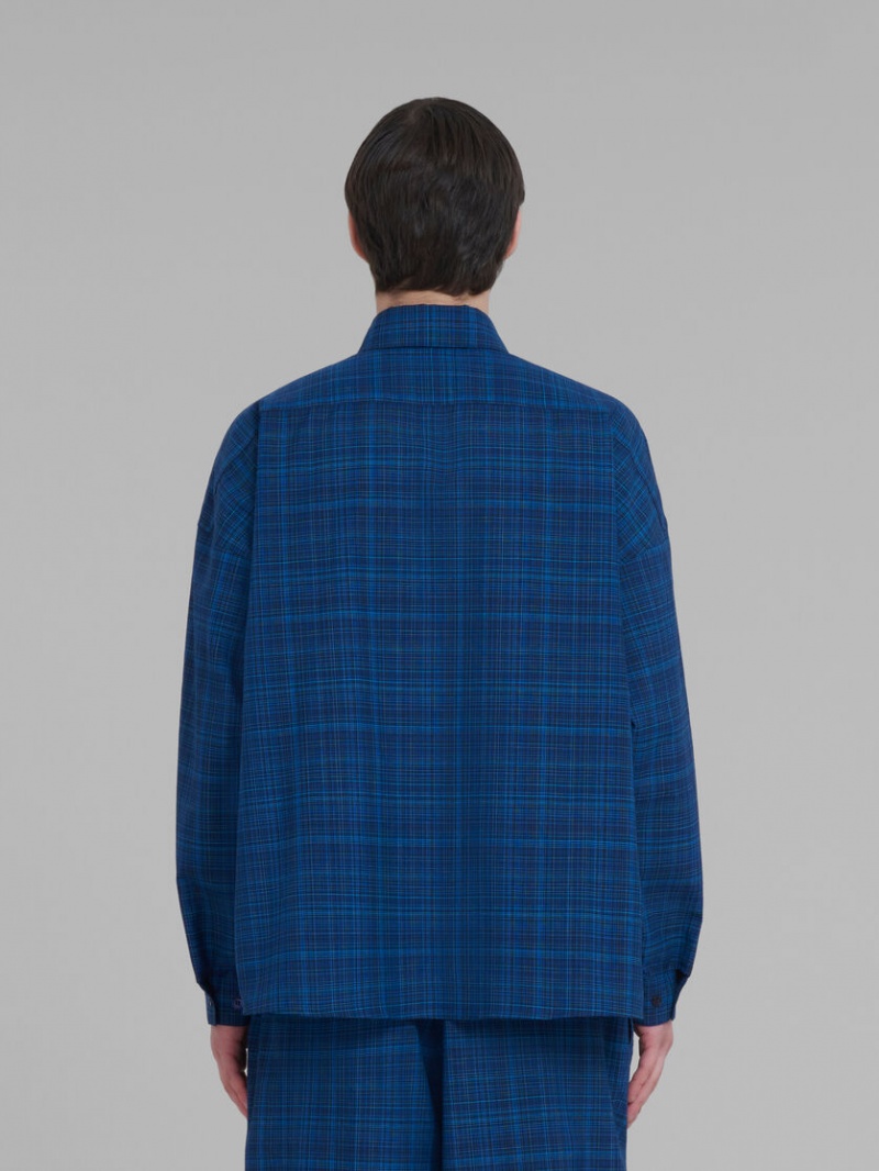 Marni Shirt Checked Light Ull Blå Ljus | LSESX77236