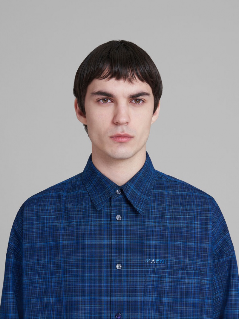 Marni Shirt Checked Light Ull Blå Ljus | LSESX77236