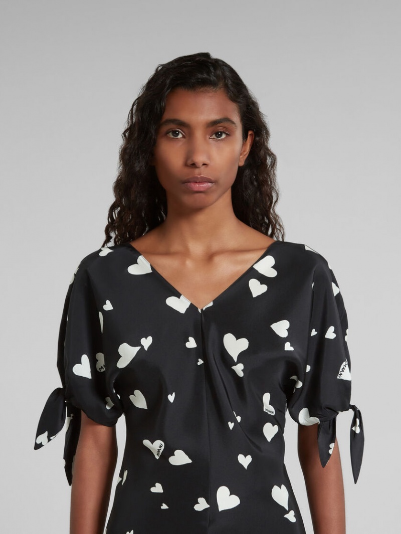 Marni Silk Bow-sleeve Top With Bunch Of Hearts Print Svarta | SEJVR35182