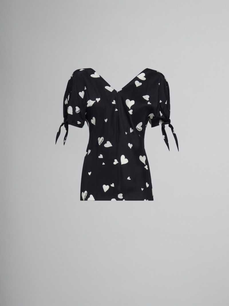 Marni Silk Bow-sleeve Top With Bunch Of Hearts Print Svarta | SEJVR35182