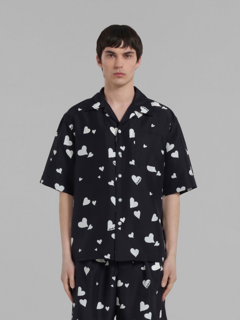 Marni Silk Shirt With Bunch Of Hearts Print Svarta | USEND44642