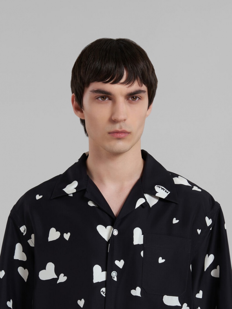 Marni Silk Shirt With Bunch Of Hearts Print Svarta | USEND44642