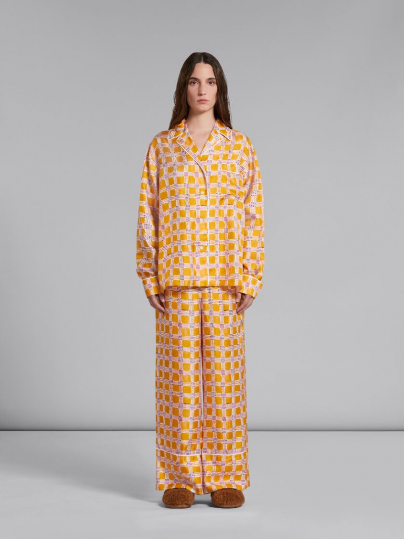 Marni Silk Twill Pyjama Pants With Check Fields Print Gula | SSENY51031