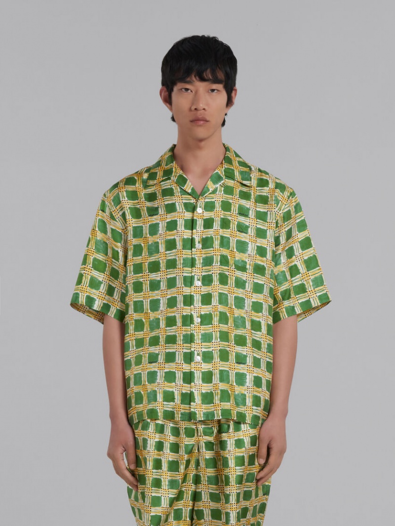 Marni Silk Twill Shirt With Check Fields Print Gröna | ZSEMJ90071