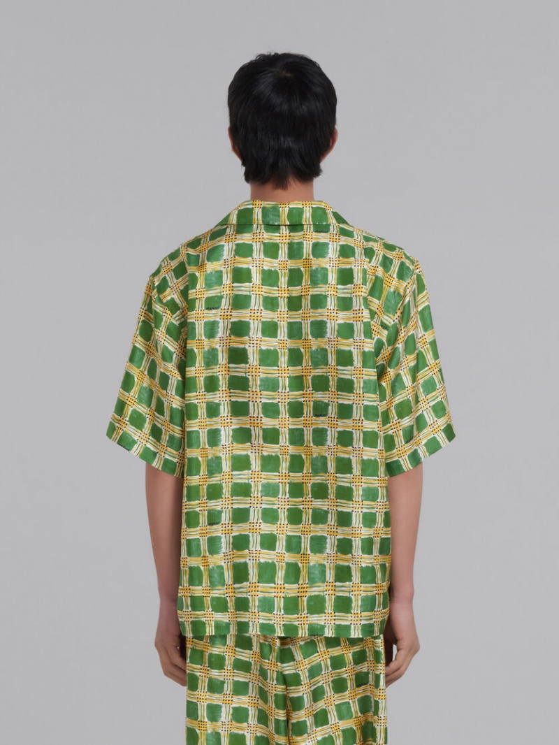 Marni Silk Twill Shirt With Check Fields Print Gröna | ZSEMJ90071