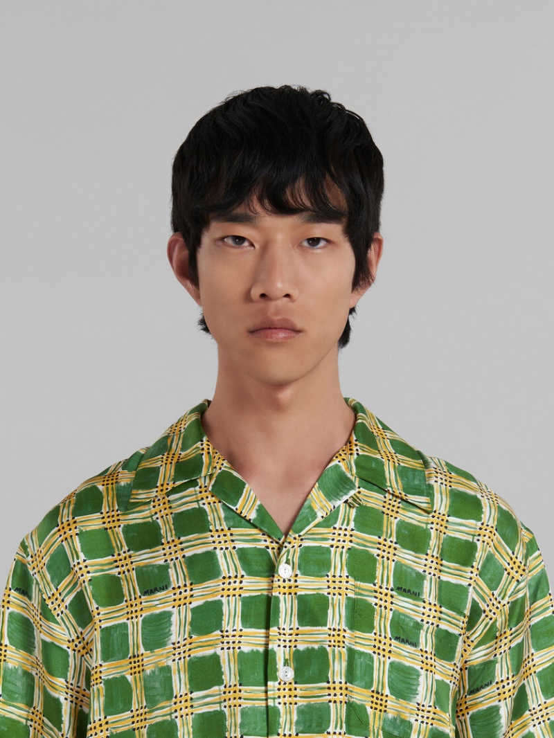 Marni Silk Twill Shirt With Check Fields Print Gröna | ZSEMJ90071