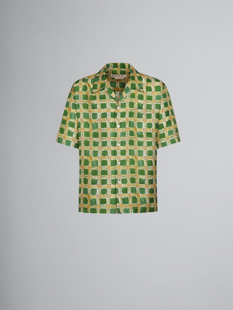 Marni Silk Twill Shirt With Check Fields Print Gröna | ZSEMJ90071
